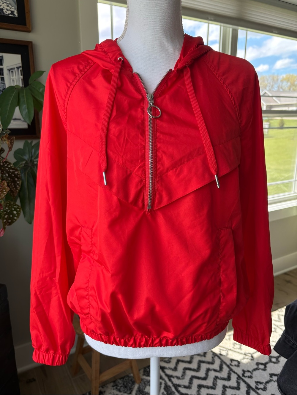 H&M Red Hooded Half-Zip Bomber Jacket